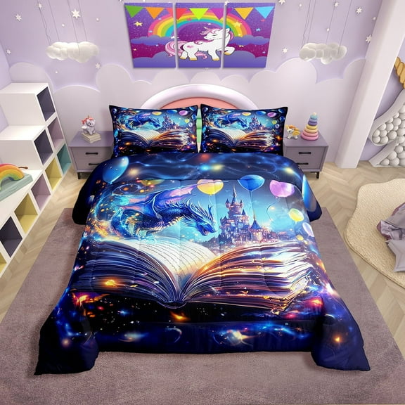 Erosebridal Magical Dragon Bedding Twin Comforter Set, Dreamy Castle Down Comforter, Glitter Butterfly Decor, Lightweight 2pcs