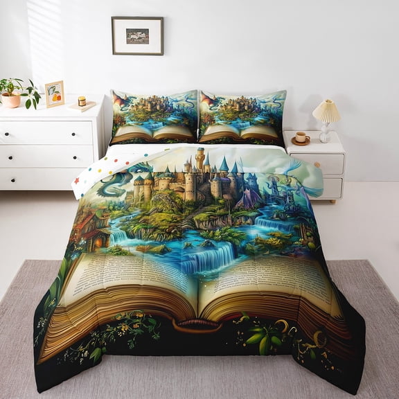 Erosebridal Magical Dragon Bedding Twin Comforter Set, Magic Book Castle Down Comforter, Reversible 2pcs, Breathable