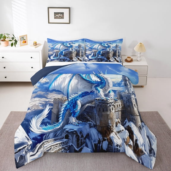 Erosebridal Magical Dragon Bedding Twin Comforter Set,Snow Castle Down Comforter,Magic Animal Decor,Reversible,Lightweight,2 Piece