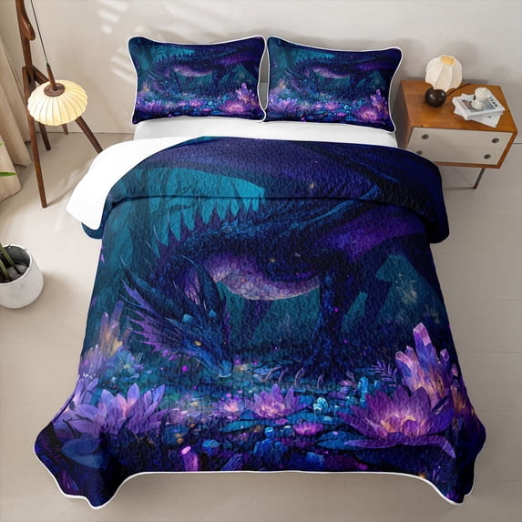 Erosebridal Magical Dragon Twin Quilt Set,Purple Lotus Flowers Twin Coverlet Set For Boys,2 Pieces