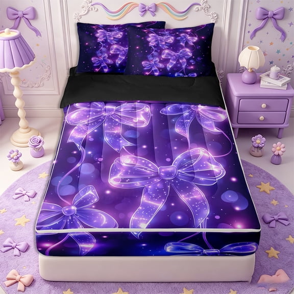 Erosebridal Magical Luminous Bow Zipper Twin Comforter Sets with Fitted Sheet and 2 Pillowcases,Dreamy Bokeh Shimmer Zipper Bedding Set,Purple Blue,4-Piece,Black Reversible