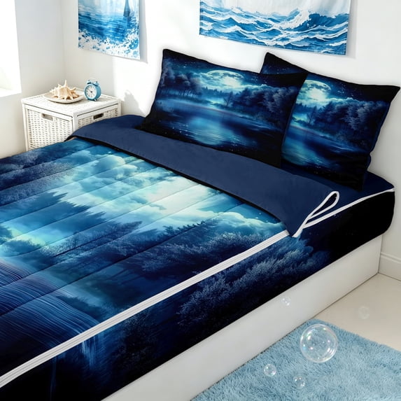 Erosebridal Magical Moon Zipper Full Size Comforter Sets with Fitted Sheet and 2 Pillowcases for Boys Girls, Mystic Forest Lake Zipper Bedding Set, Navy Reversible, 4-Piece