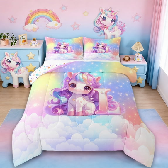 Erosebridal Magical Unicorn Bedding Sets Full With Comforter, Rainbow Stars Duvet Insert, Monogrammed Letter L Comforter Sets Full Size,Lightweight Bedroom Decoration,3Pcs Reversible