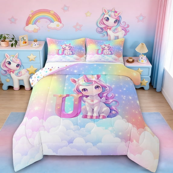 Erosebridal Magical Unicorn Bedding Sets Full With Comforter, Rainbow Stars Duvet Insert, Monogrammed Letter U Comforter Sets Full Size,Lightweight Bedroom Decoration,3Pcs Reversible