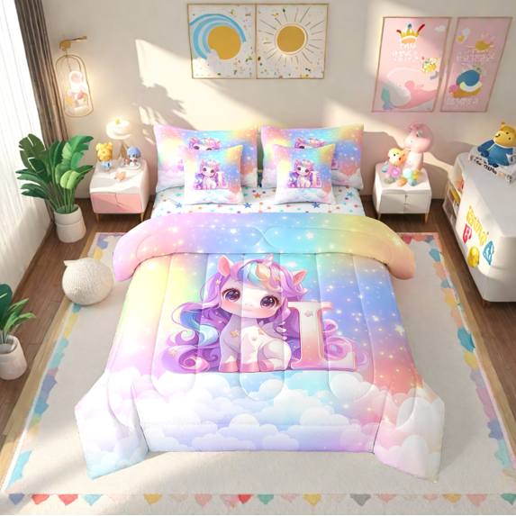 Erosebridal Magical Unicorn Bedding Sets Full Size, Rainbow Stars Comforter Sets With Sheets, Monogrammed Letter L Bed In A Bag Full Size,Lightweight Bedroom Decoration,7 Pieces Reversible