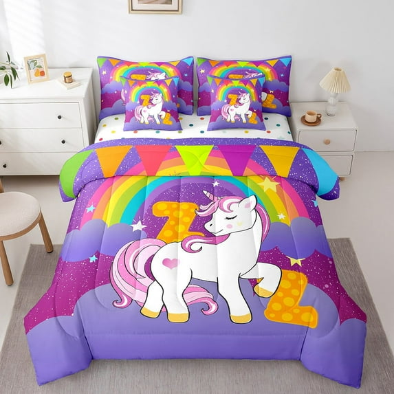 Erosebridal Magical Unicorn Bedding Sets Twin Size, Initial Letter Z Comforter Sets with Sheets, Cartoon Rainbow Reversible Bedding Twin Size, Microfiber Room Decorative, 7pcs