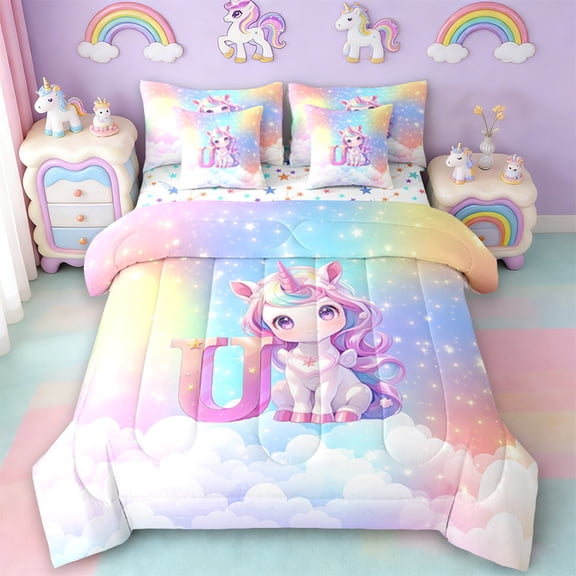 Erosebridal Magical Unicorn Bedding Sets Twin Size, Rainbow Stars Comforter Sets With Sheets, Monogrammed Letter C Bed In A Bag Twin Size,Lightweight Bedroom Decoration,7-Piece Reversible