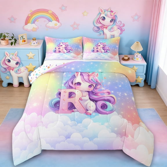 Erosebridal Magical Unicorn Bedding Twin Comforter Set, Rainbow Stars Down Comforter, Monogrammed Letter R Bedding Sets Twin With Comforter,Lightweight Bedroom Decoration,2 Pieces Reversible