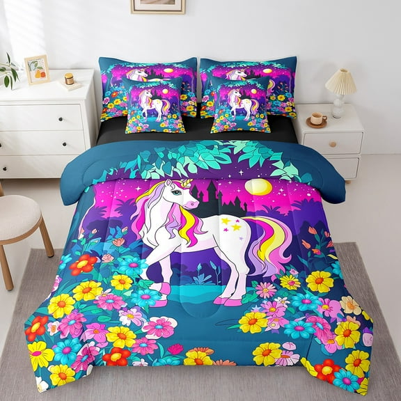 Erosebridal Magical Unicorn Bedding Twin Size, Colorful Floral Comforter Sets with Sheets, Cartoon Wildlife Duvet Set, Breathable Bedroom Decorative, Reversible 7-Piece