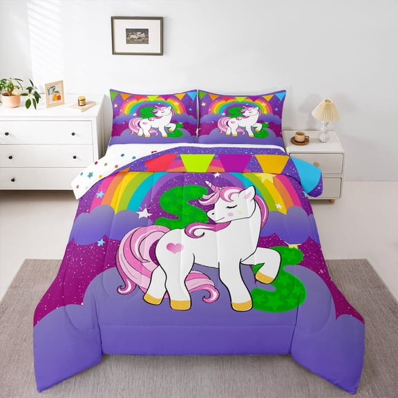 Erosebridal Magical Unicorn Comforter Sets Full Size, Initial Letter S Comforters & Duvets, Cartoon Rainbow Reversible Bedding Full Comforter Set, Lightweight Bedroom Decoration, 3pcs