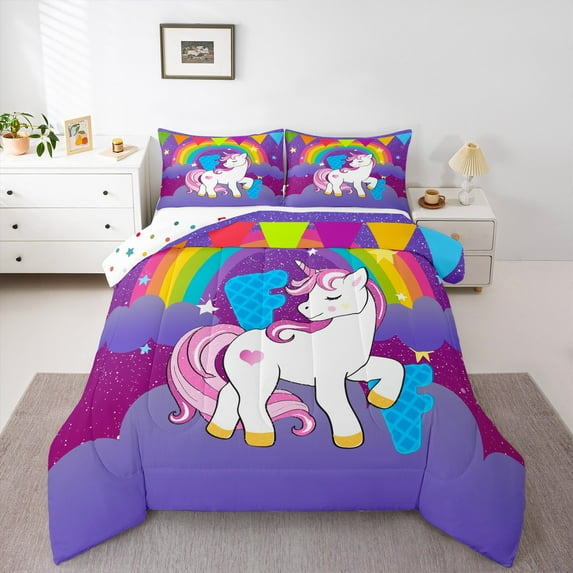 Erosebridal Magical Unicorn Comforter Sets King Size, Initial Letter F Comforters & Duvets, Cartoon Rainbow Reversible Bedding King Comforter Set, Microfiber Room Decoration, 3pcs