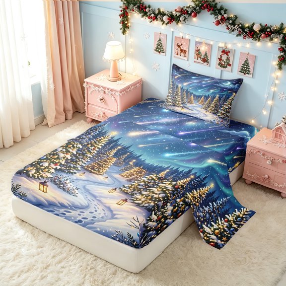 Erosebridal Magical Village Twin Sheets, Winter Cottage Bedding, Deep Sky Blue, Christmas Reversible, 3-Piece, 1 Flat Sheet, 1 Fitted Sheet and 1 Pillowcase