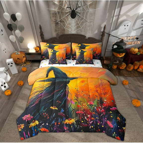 Erosebridal Magical Witch Bed in a Bag King size, Jungle Flower Bed Set, Gothic Halloween Reversible Bedding King Size, Super Cozy Room Decor, 7 Pieces