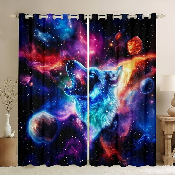 Erosebridal Magical Wolf Curtains Pack of 2 (52x84), Space Planets Nebula 30%-50% Blackout Curtains Set of 2