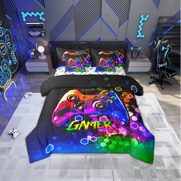 Erosebridal Male Gamepads Bedding Sets Twin Size,Video Game Comforter Sets with Sheets,Gradient Honeycomb Bed in a Bag Twin size,Super Cozy Geometric Room Decor,Reversible,7-Piece