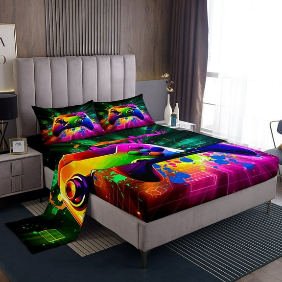 Erosebridal Male Gamepads Sheet Set Twin,Video Game Bedding Sets Twin Size,Gradient Ombre Twin Sheet Sets,Super Cozy Geometric Room Decor,3pcs