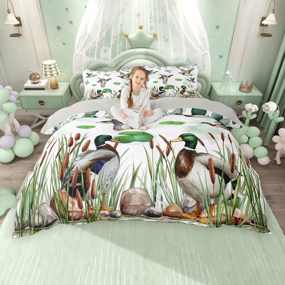 Erosebridal Mallard Duck Duvet Cover Set, Rustic Lake House Bedding Full, Gray Reversible, 1 Duvet Cover and 2 Pillowcases (No Comforter)