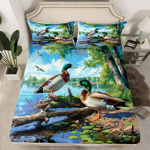 Erosebridal Mallard Duck Fitted Sheet Set Twin,Lakeside Tree Branches Bedding Twin Size,Animal Decoration,Breathable,2-Piece(No Top Sheet)