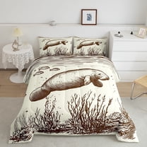 Erosebridal Manatee Comforter Set King Size, Water Animal Bedding , Cartoon Sea Cow Sketch Room Decor Kawaii Ocean Hand Drawn Bedding Comforter Sets, Beige Fishes Plants Quilt