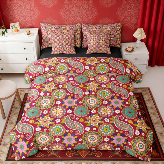 Erosebridal Mandala Paisley Bedding Comforter Set for Girls Women, Red Flower King Bedding Sets, Black Reversible 7pcs