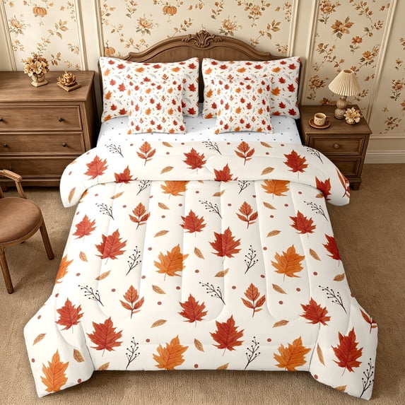 Erosebridal Maple Leaves 7-Piece Twin Bedding,Happy Fall Bedding Comforter Set,Red,Reversible