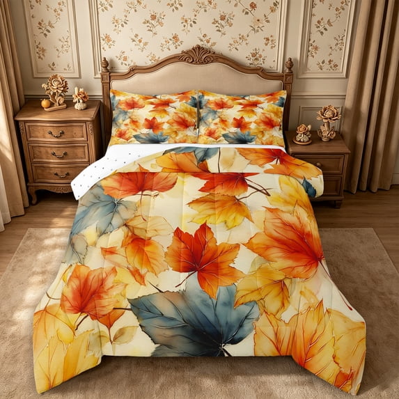 Erosebridal Maple Leaves Full Size Comforter Sets 3-Piece,Fall Foliage Bedding Comforter Set,Cream,Reversible,1 Comforter and 2 Pillowcases