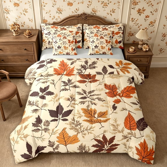 Erosebridal Maple Leaves Queen Bedding 7pcs,Fall Foliage Bedding Comforter Set Queen,Brown,Reversible