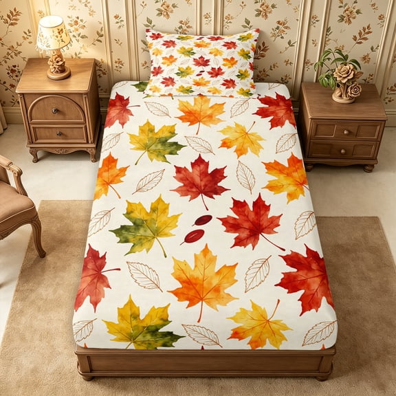 Erosebridal Maple Leaves Twin Fitted Sheet 2 Pieces,Fall Foliage Bedding,White Red Green,1 Fitted Sheet and 1 Pillowcase