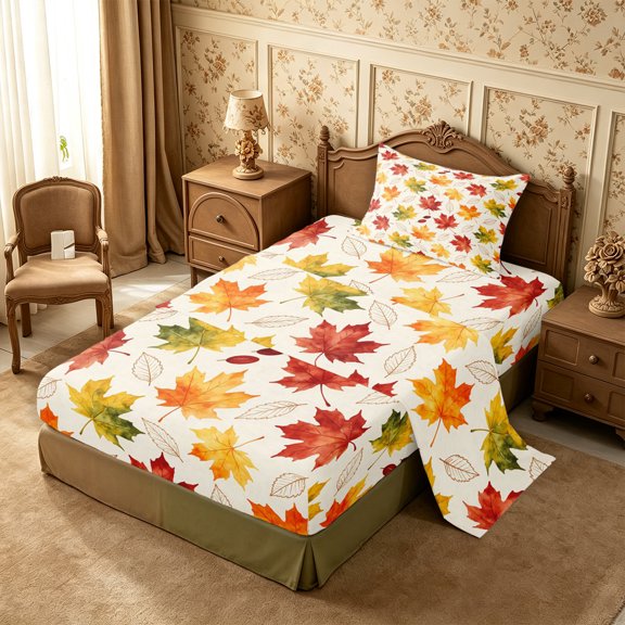 Erosebridal Maple Leaves Twin Sheets 3pcs,Fall Foliage Bedding,White Red Green,1 Flat Sheet, 1 Fitted Sheet and 1 Pillowcase
