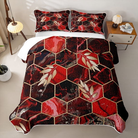 Erosebridal Marble Hexagon Gold Leaf Quilt Full,Red Geometric Print Full Bedspread Sets For Adults,3-Piece