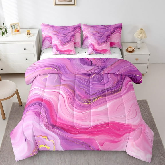 Erosebridal Marble King Comforter Set 7 Pieces Abstract Bedding Comforter Sets, Marbling Rock Bed in a Bag Stone Pattern Bedding Set, Pink Bed Sheets Set Mountain Fluid Bedroom Decor