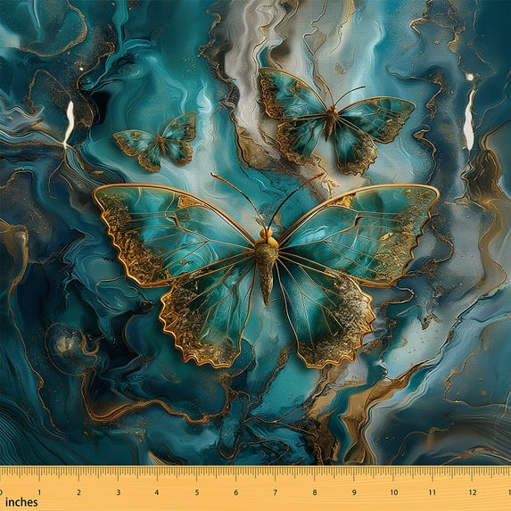 Erosebridal Marble Texture Fabric By The Yard,Marble Butterflies Upholstery Fabric,Abstract Art Indoor Outdoor Fabric,Teal Tie Dye Decorative Fabric,Teal Gold,1 Yard