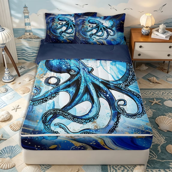 Erosebridal Marble Wave Pattern Zipper Twin Comforter Sets with Fitted Sheet and 2 Pillowcases,Octopus Print Zipper Bedding Set,Blue Gold,Navy Blue Reversible