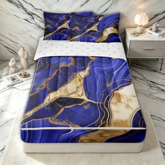 Erosebridal Marbling Ombre Zipper Twin Comforter Sets with Fitted Sheet and 2 Pillowcases for Women Men, Abstract Marble Print Zipper Bedding Set, Slate Blue, Reversible, 4 Pieces