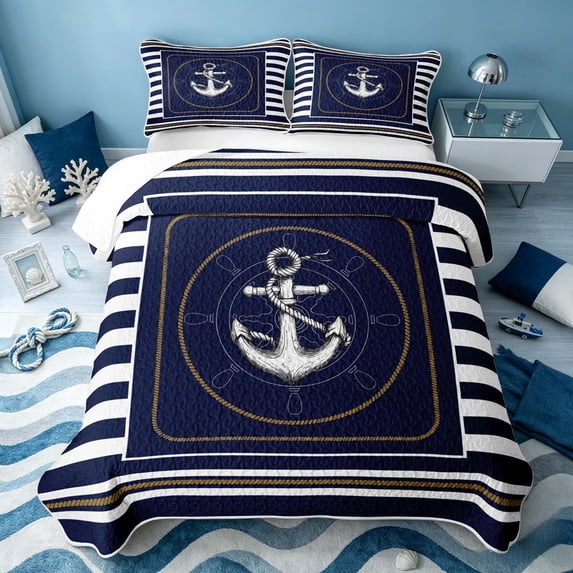 Erosebridal Marine Anchor Twin Quilt Set, Coastal Stripe Twin Coverlet Set, Reversible 2 Pieces, 1 Bedspread and 1 Pillowcase
