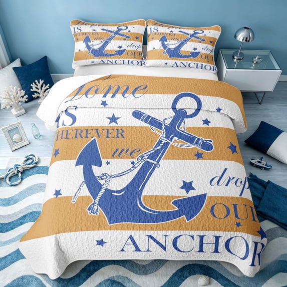Erosebridal Marine Anchor Twin Quilt Set, Coastal Twin Coverlet Set, Reversible 2pcs, 1 Bedspread and 1 Pillowcase