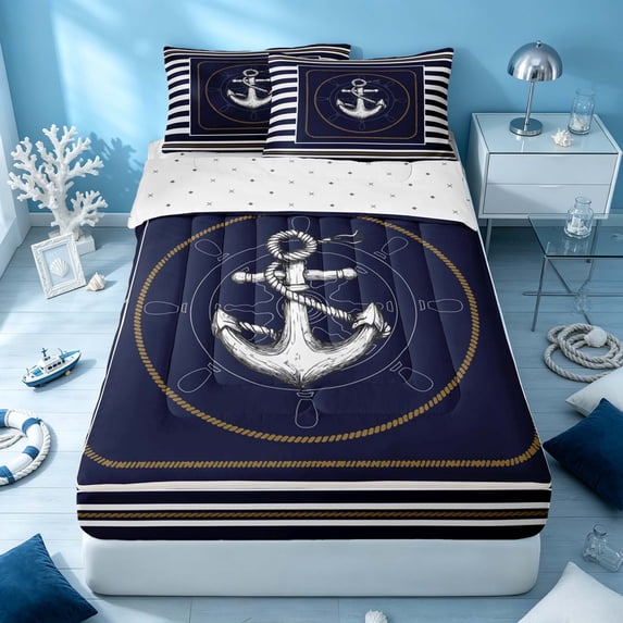Erosebridal Marine Anchor Zipper Twin Comforter Sets with Fitted Sheet and 2 Pillowcases, Coastal Stripe Zipper Bedding Set, Reversible