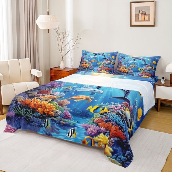 Erosebridal Marine Animal Dolphins Turtles Full Size Sheets 4-Piece For Boys Girls,Sea Wildlife Bed Sheets For Kids Teens,Luxury Bedroom Decor