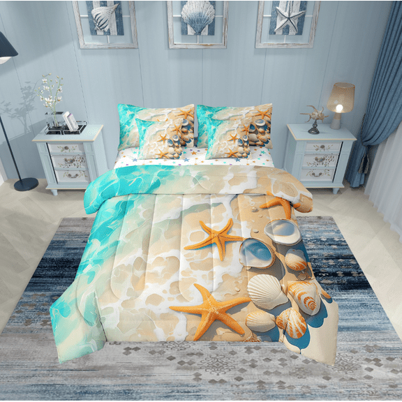 Erosebridal Marine Beach Bed in a Bag Queen size, Kawaii Starfish Bed Set, Coastal Ocean Reversible Bedding Queen Size, Breathable Bedroom Decorative, 7pcs