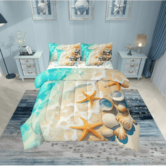 Erosebridal Marine Beach Bedding Twin Size, Kawaii Starfish Bed in a Bag Twin size, Coastal Ocean Reversible Bed Set, Breathable Bedroom Decorative, 7pcs