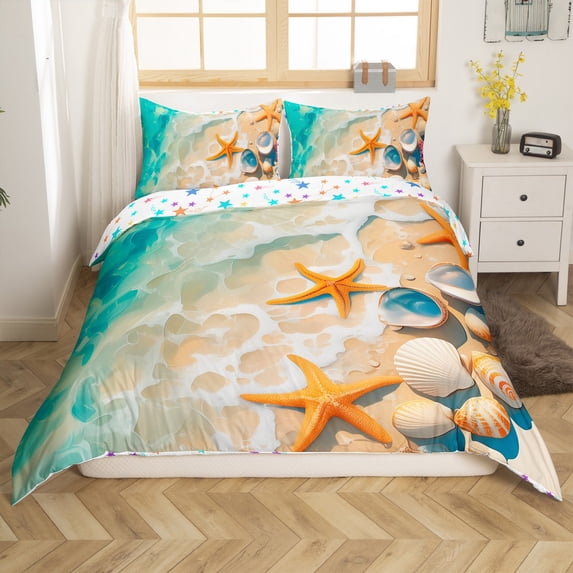 Erosebridal Marine Beach Comforter Cover , Kawaii Starfish Duvet Cover , Coastal Ocean Reversible Bedding , Breathable Bedroom Decorative, 2pcs(No Comforter)