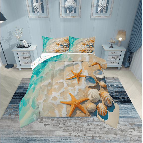 Erosebridal Marine Beach Comforter Sets Twin Size, Kawaii Starfish Comforters & Duvets, Coastal Ocean Reversible Duvet Insert, Breathable Bedroom Decorative, 2pcs
