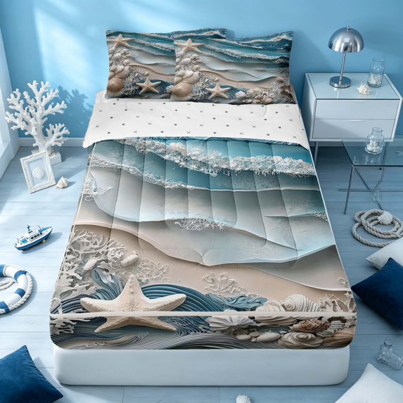 Erosebridal Marine Beach Zipper Twin Comforter Sets with Fitted Sheet and 2 Pillowcases, Hawaii Starfish Seashell Zipper Bedding Set, Reversible