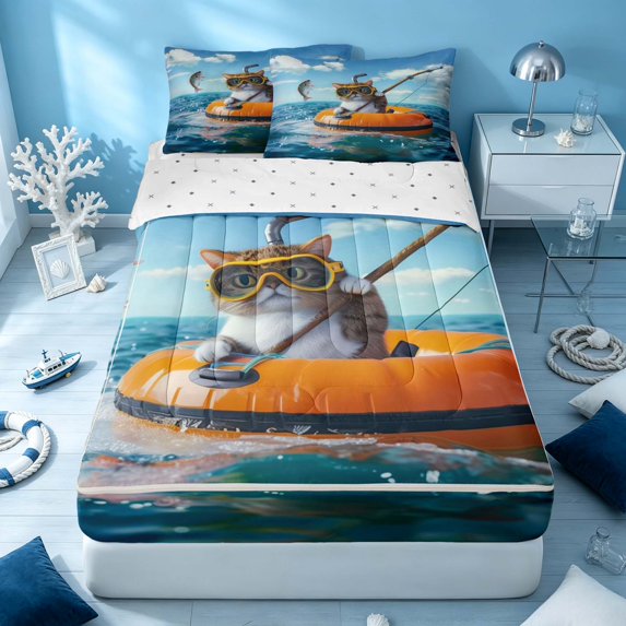 Erosebridal Marine Cat Zipper Twin Comforter Sets with Fitted Sheet and 2 Pillowcases, Coastal Pet Zipper Bedding Set, Reversible