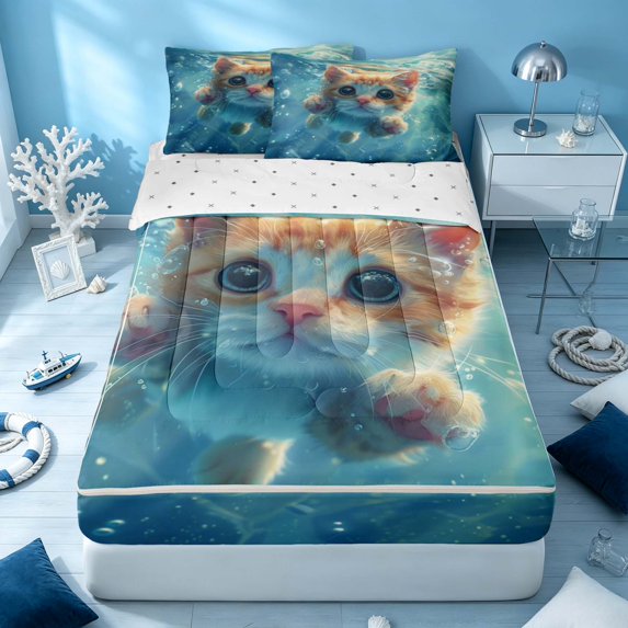 Erosebridal Marine Cat Zipper Twin Comforter Sets with Fitted Sheet and 2 Pillowcases, Cute Animal Zipper Bedding Set, Reversible
