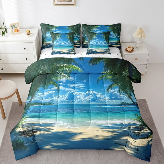 Erosebridal Marine Coastal Bedding Twin Size, Blue Beach Bedding Sets Twin Size, Tropical Tree Decor, 7pcs