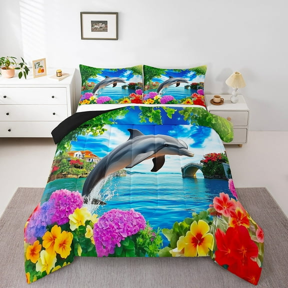 Erosebridal Marine Dolphin Bedding Sets Full with Comforter,Ocean Wildlife Duvet Insert,Floral Decoration,Reversible,Ultra Soft,3pcs