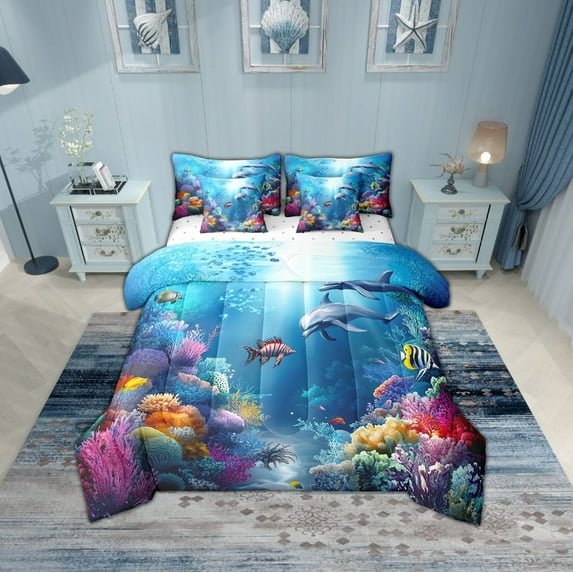 Erosebridal Marine Dolphin Bedding Sets Twin Size,Ocean Wildlife Comforter Sets with Sheets,Marine Decoration,Reversible,Breathable,7pcs