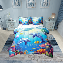 Erosebridal Marine Dolphin Bedding Sets Twin Size,Ocean Wildlife Comforter Sets with Sheets,Marine Decoration,Reversible,Breathable,7pcs