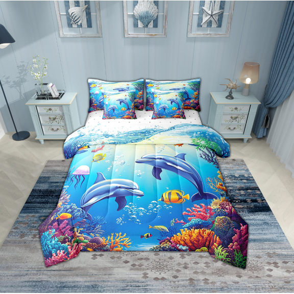 Erosebridal Marine Dolphin Bedding Sets Twin Size,Ocean Wildlife Comforter Sets with Sheets,Marine Decoration,Reversible,Breathable,7pcs